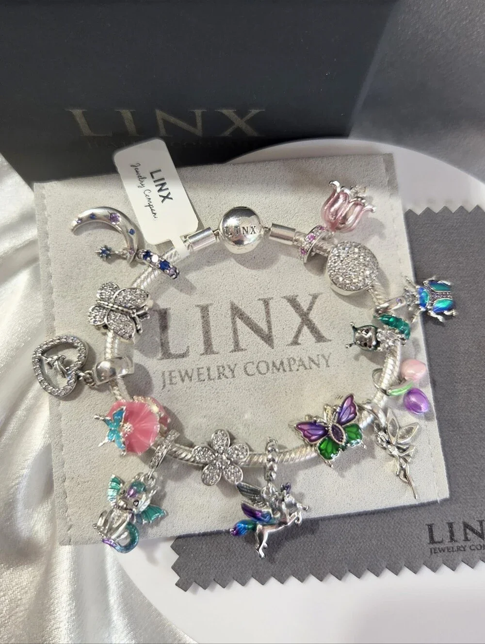 Linx Silver Snake Chain Bracelet with Fairy Unicorn And Dragon Themed Charms